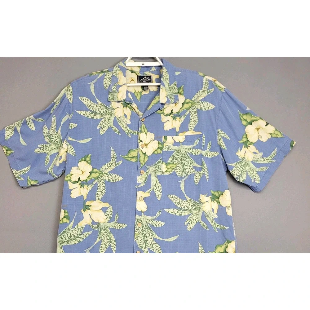 Bermuda Bay 100% Silk Shirt Mens L Blue Hawaiian Buttons Floral Short‎ Sleeve